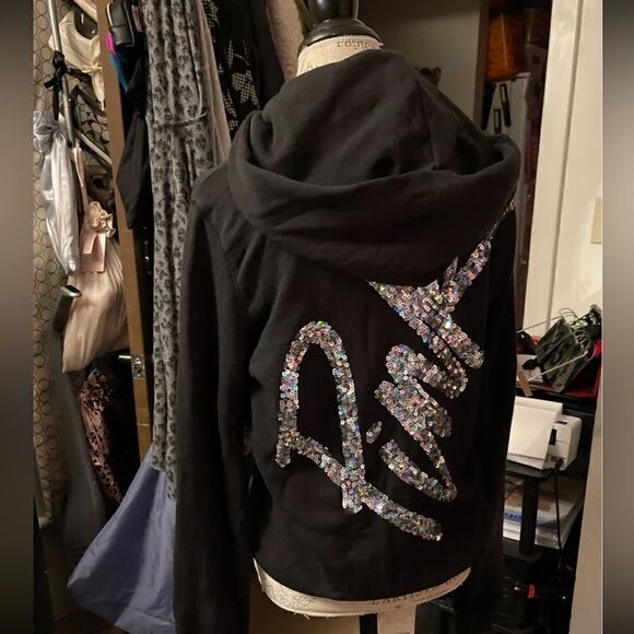 VS Med. Fashion show bling script black full zip up hoodie hooded sweatshirt htf - Picture 1 of 5
